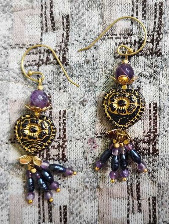 Handmade Jewelry - Romantic Black Heart And Pearl Tassel Earrings